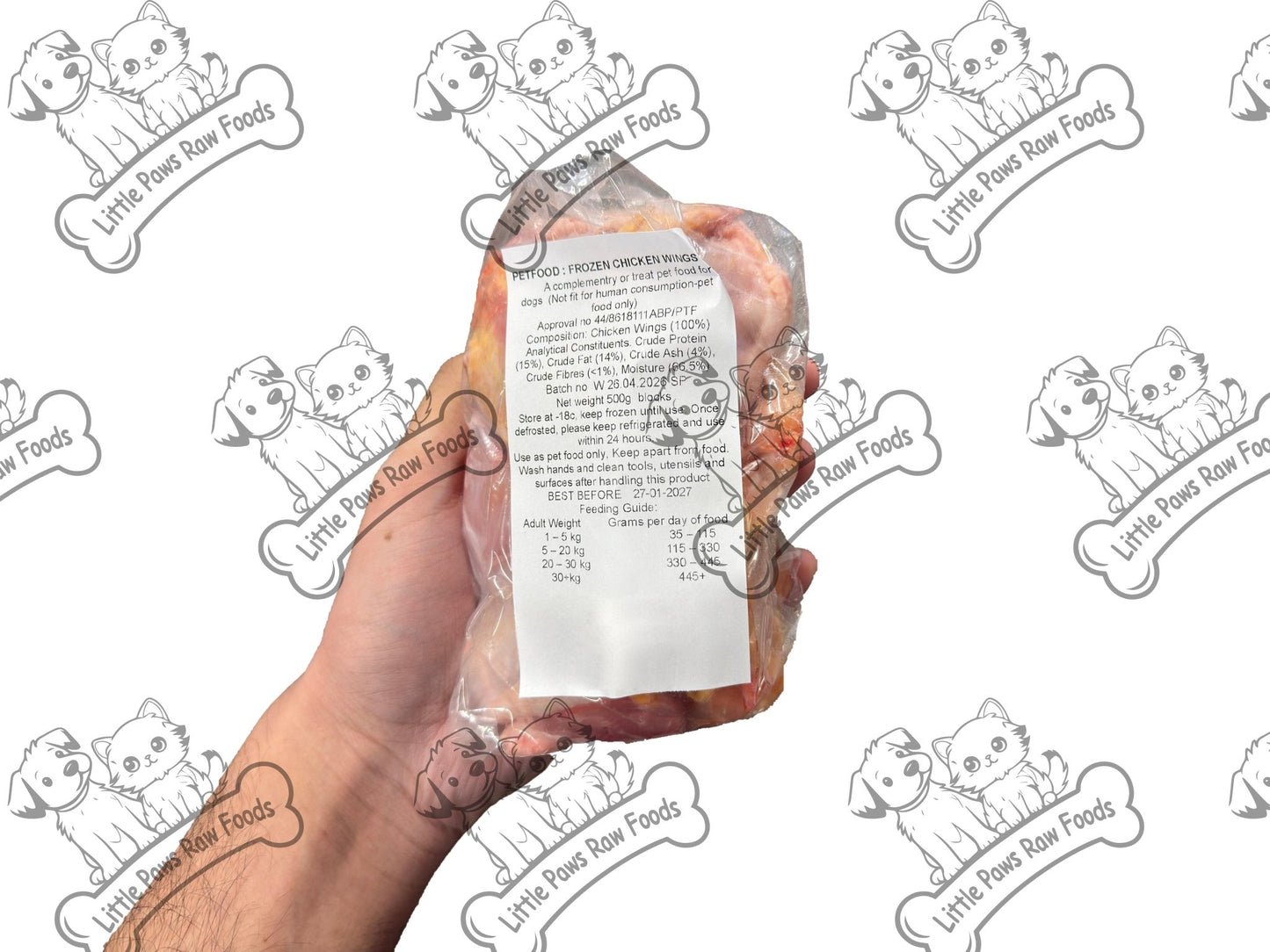 Dog Food Frozen chicken wings 20 x 500g bags 10kg Box - Little Paws Raw Foods
