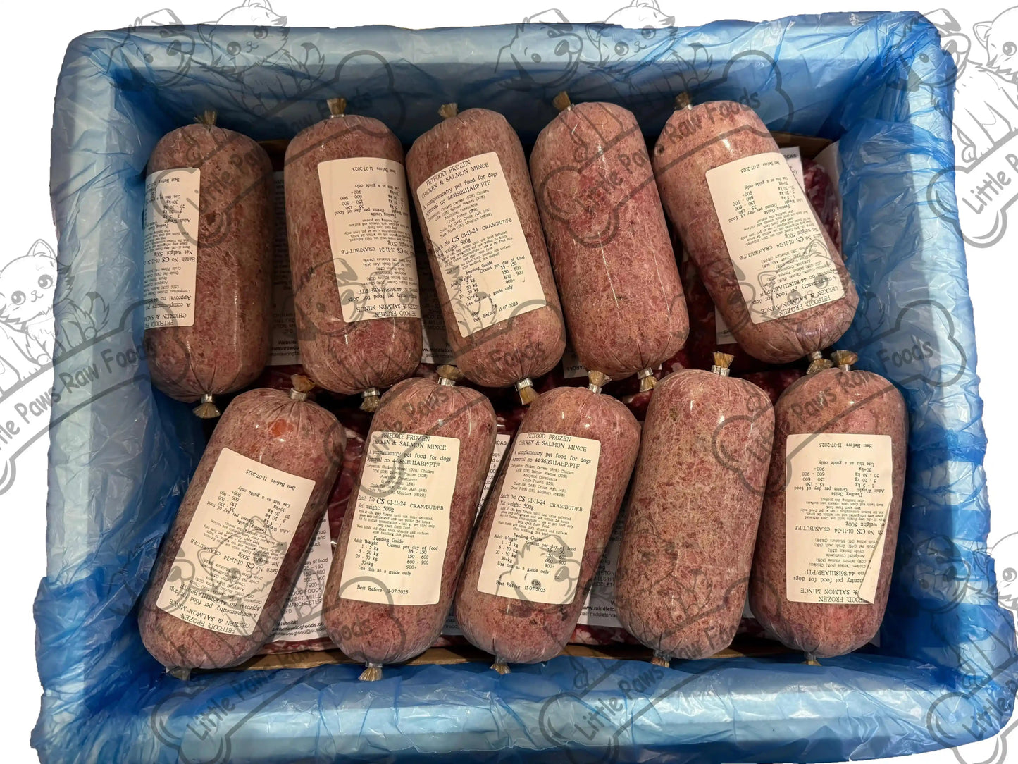 Frozen Chicken and Salmon Dog Food in 10kg or 20kg Box - Little Paws Raw Foods