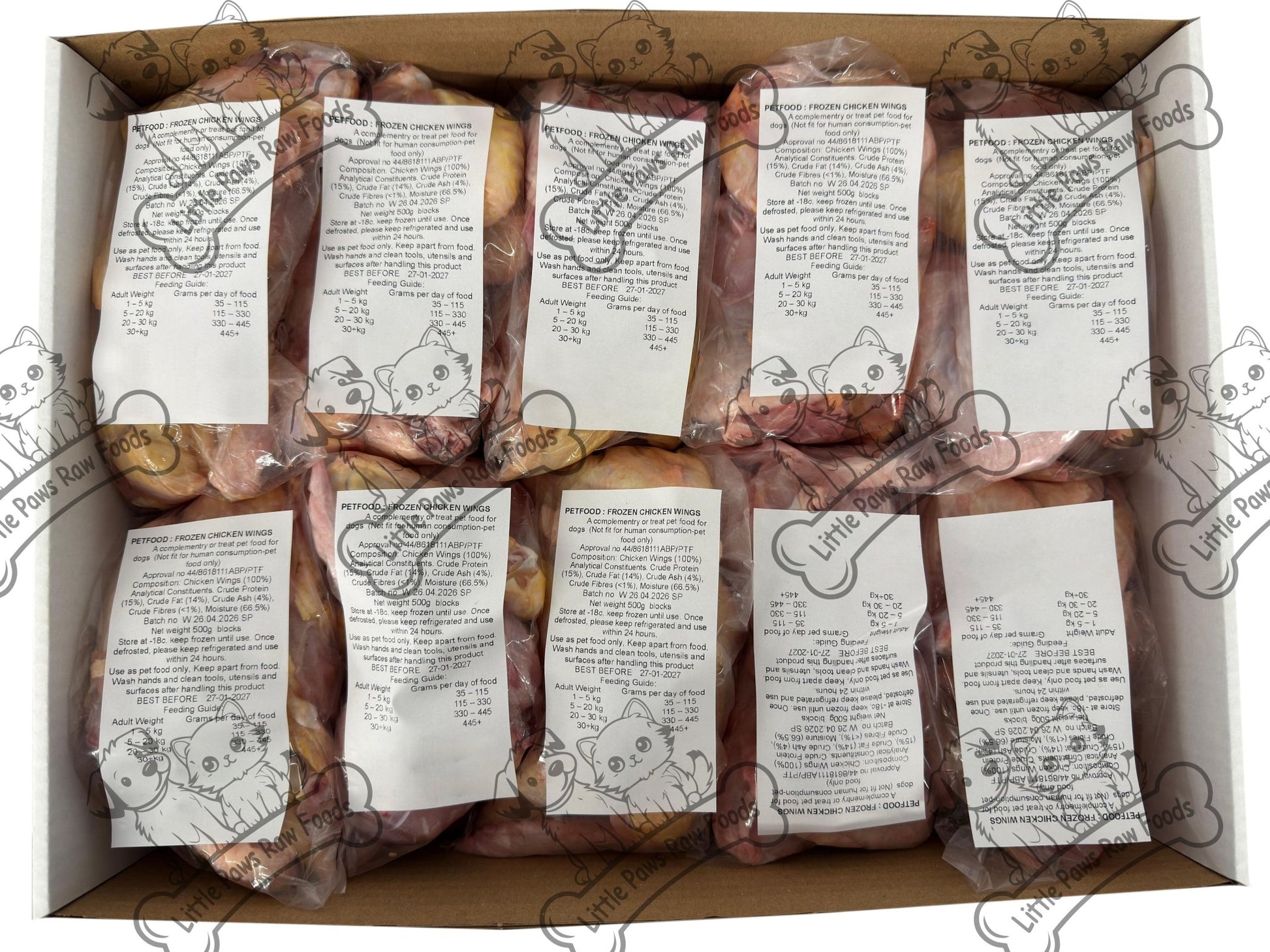 Dog Food Frozen chicken wings 20 x 500g bags 10kg Box - Little Paws Raw Foods