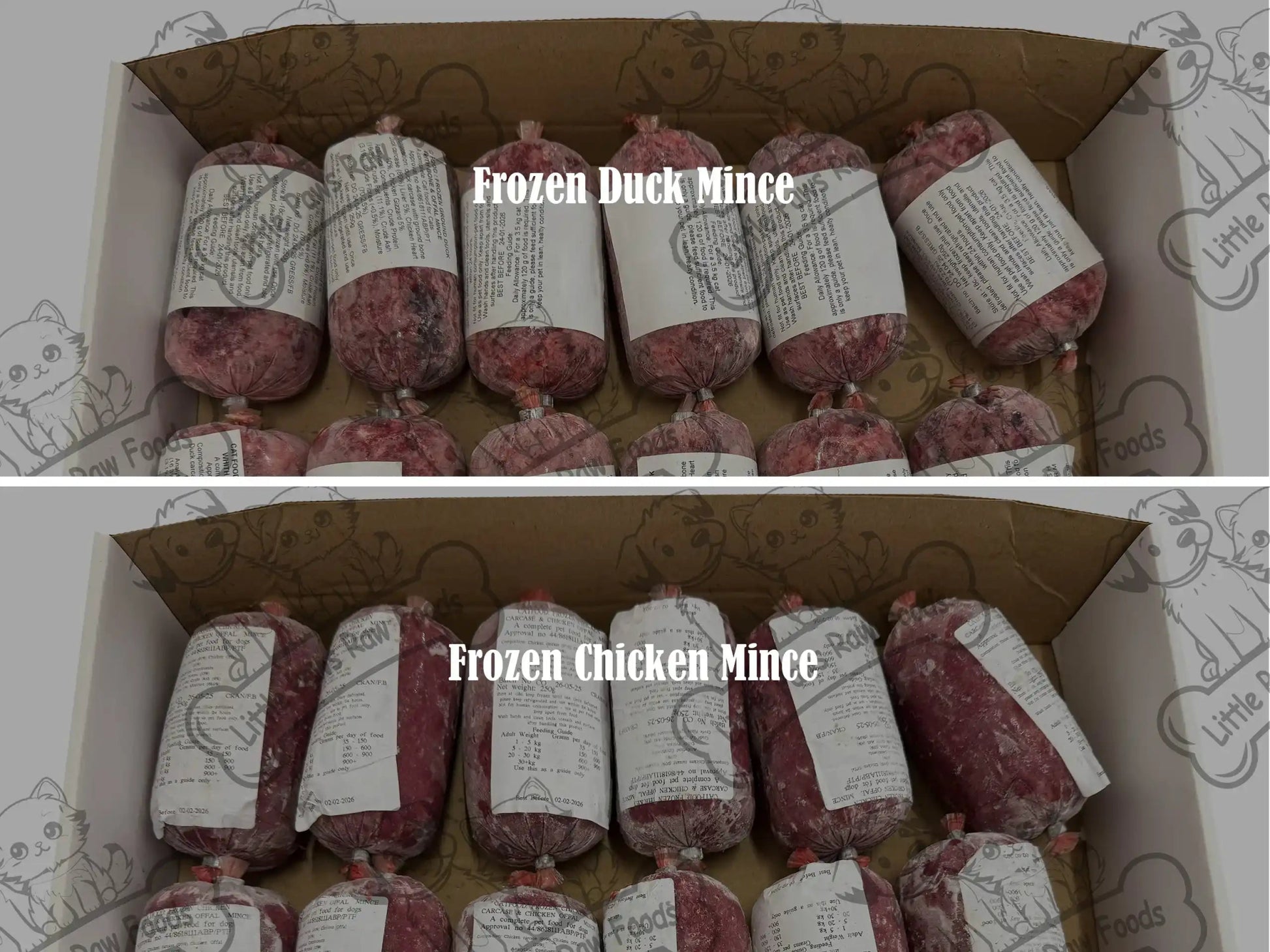Frozen Duck and Chicken Mince Mix Cat Food 250g Chubs 12kg Box - Little Paws Raw Foods